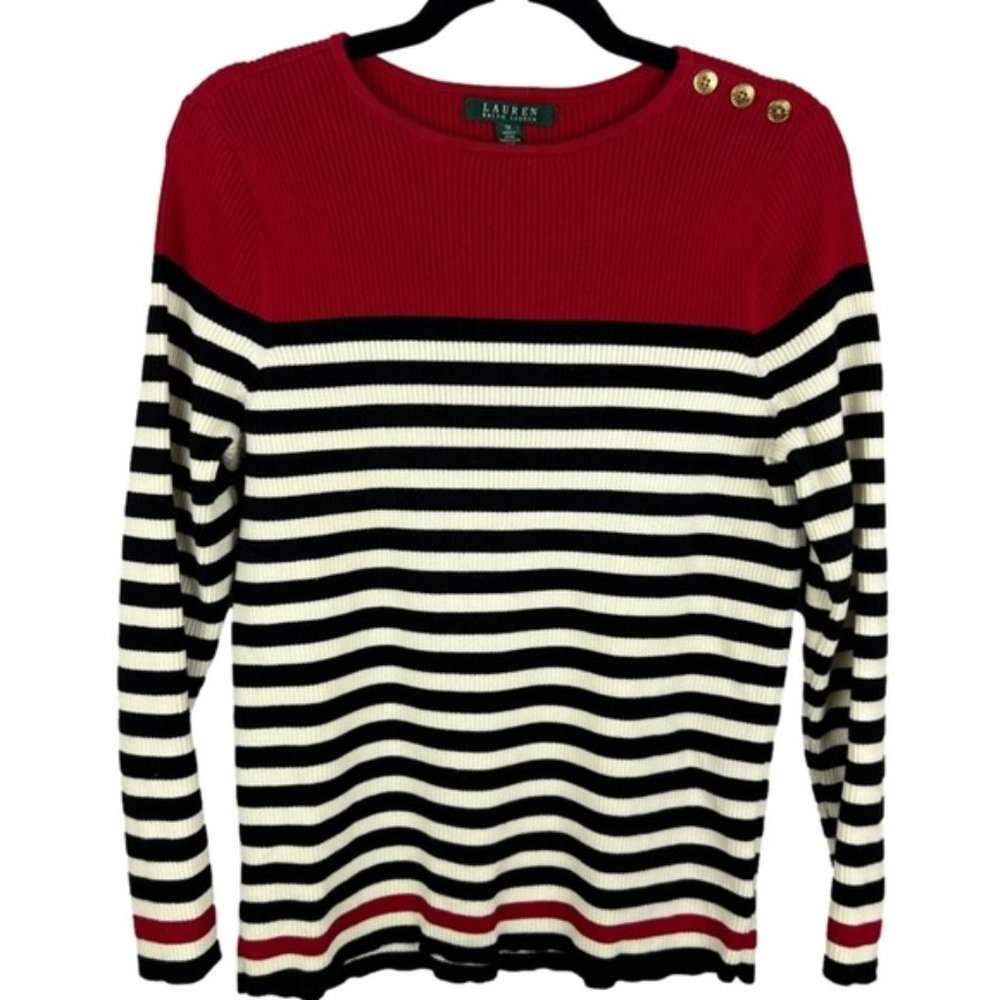 Lauren Ralph Lauren Striped Gold Button Detail Ribbed Sweater 1X White